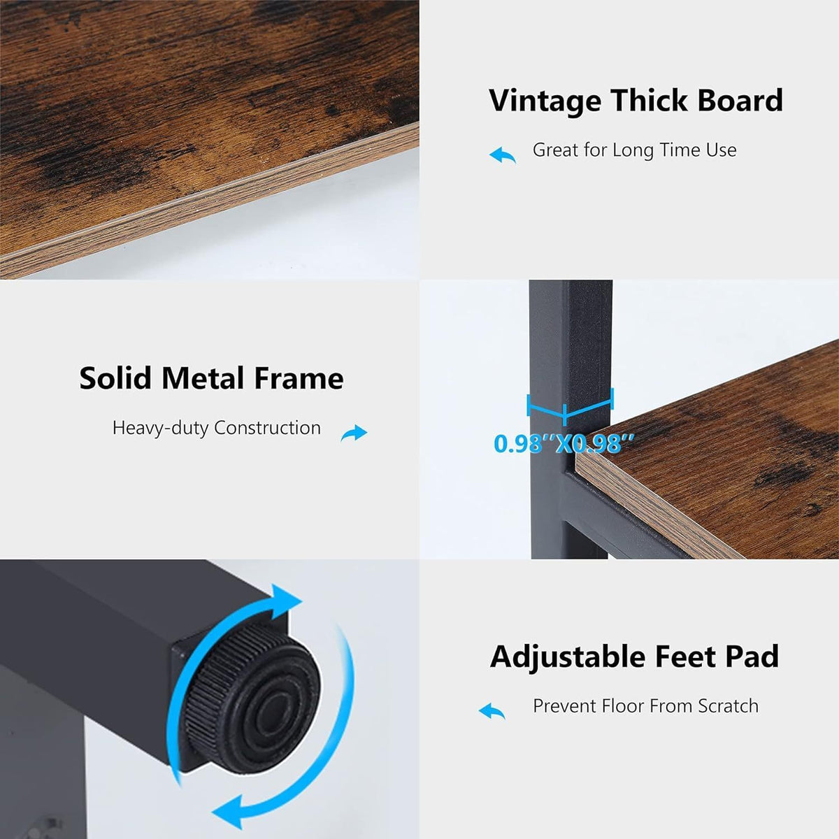 Table with vintage thick board, solid metal frame, and adjustable feet pad features.