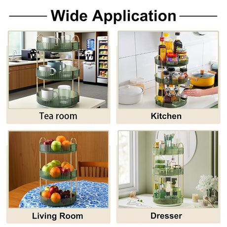 A four-panel promotional graphic showing a three-tier rotating organizer in different real-world settings, with the headline 'Wide Application' at the top. Panels are labeled Tea room, Kitchen, Living Room, and Dresser.
