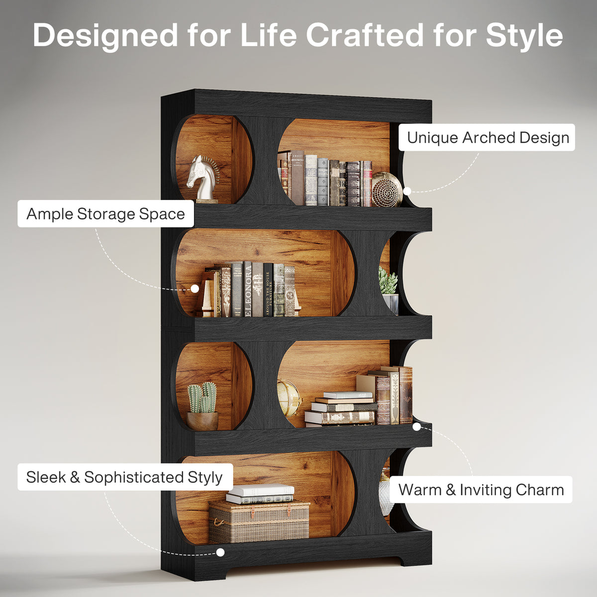 Wooden bookshelf with black frame on a gray background, featuring text labels about design and features.