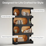 Wooden bookshelf with black frame on a gray background, featuring text labels about design and features.