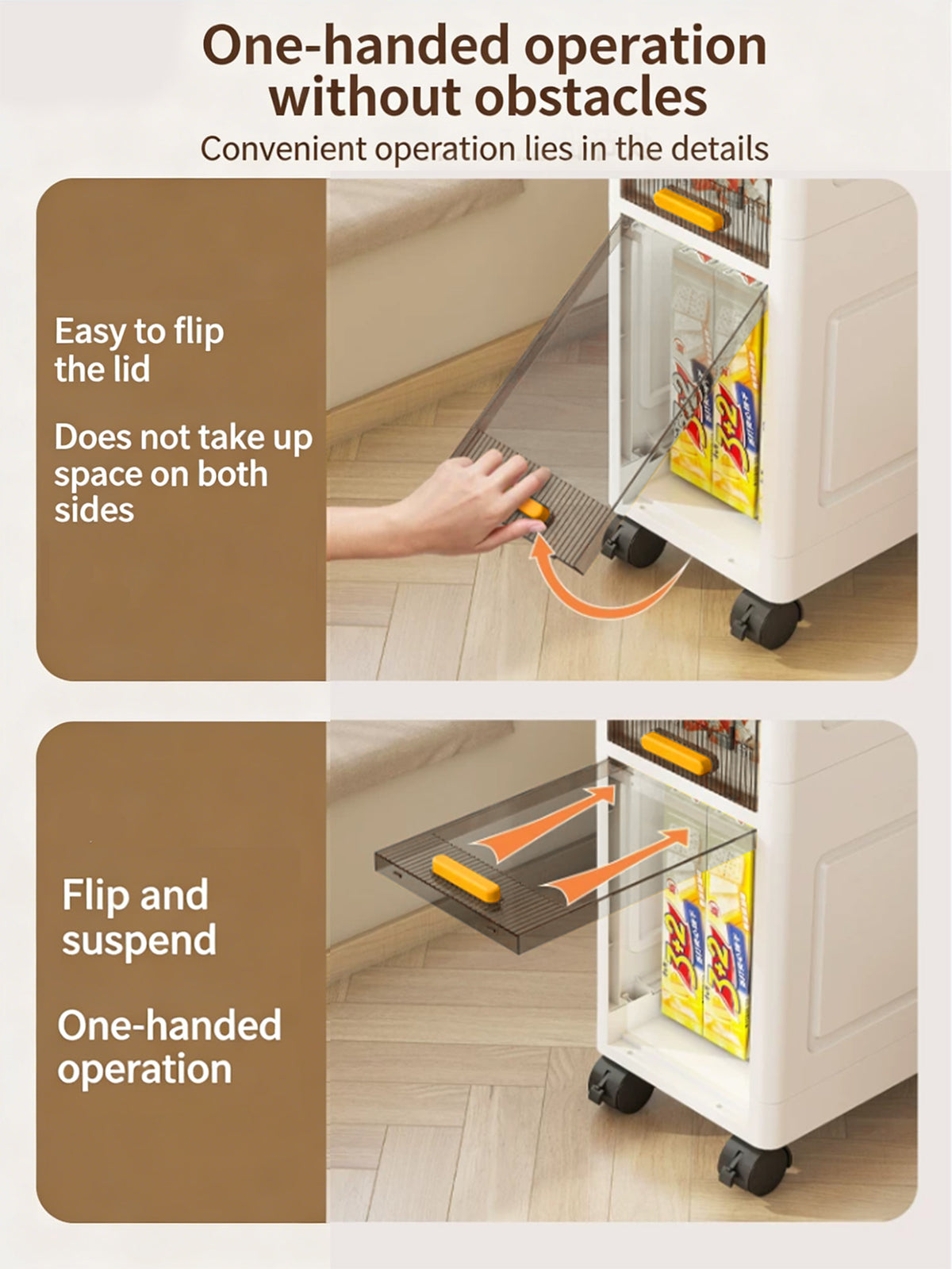 An infographic showing a white rolling storage cart with a transparent sliding door and a yellow item inside. The image is split into two panels demonstrating one-handed operation: the top panel shows a hand flipping the lid, and the bottom panel shows the lid suspended open with orange arrow graphics.