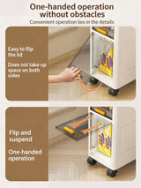 An infographic showing a white rolling storage cart with a transparent sliding door and a yellow item inside. The image is split into two panels demonstrating one-handed operation: the top panel shows a hand flipping the lid, and the bottom panel shows the lid suspended open with orange arrow graphics.