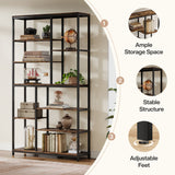 A tall black metal and wood bookcase with multiple shelves styled with books, plants, and decor, shown beside callout circles explaining features like ample storage space, stable structure, and adjustable feet.