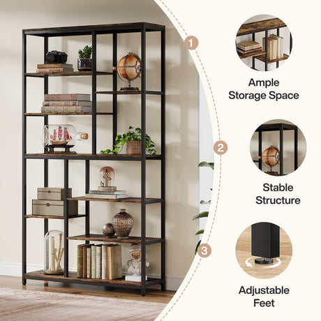A tall black metal and wood bookcase with multiple shelves styled with books, plants, and decor, shown beside callout circles explaining features like ample storage space, stable structure, and adjustable feet.