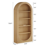 Wooden bookshelf with dimensions labeled on a white background