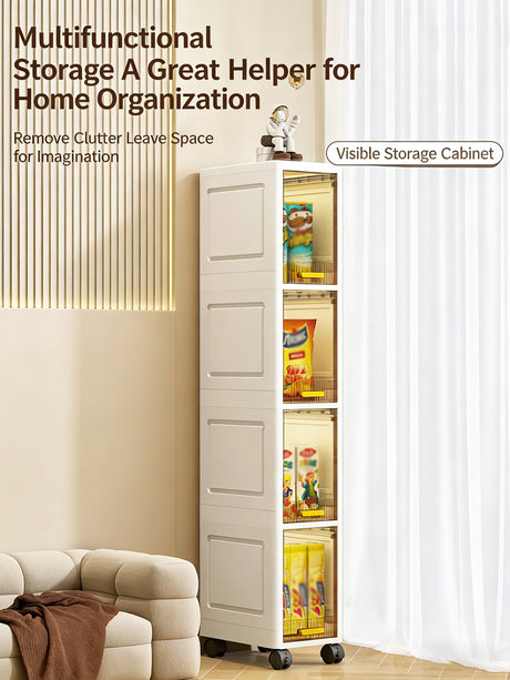 A tall, narrow white plastic storage cabinet with four drawers and three open shelves, shown in a styled home interior next to a sofa and curtains. The cabinet has a transparent front on the right side, revealing stored items.