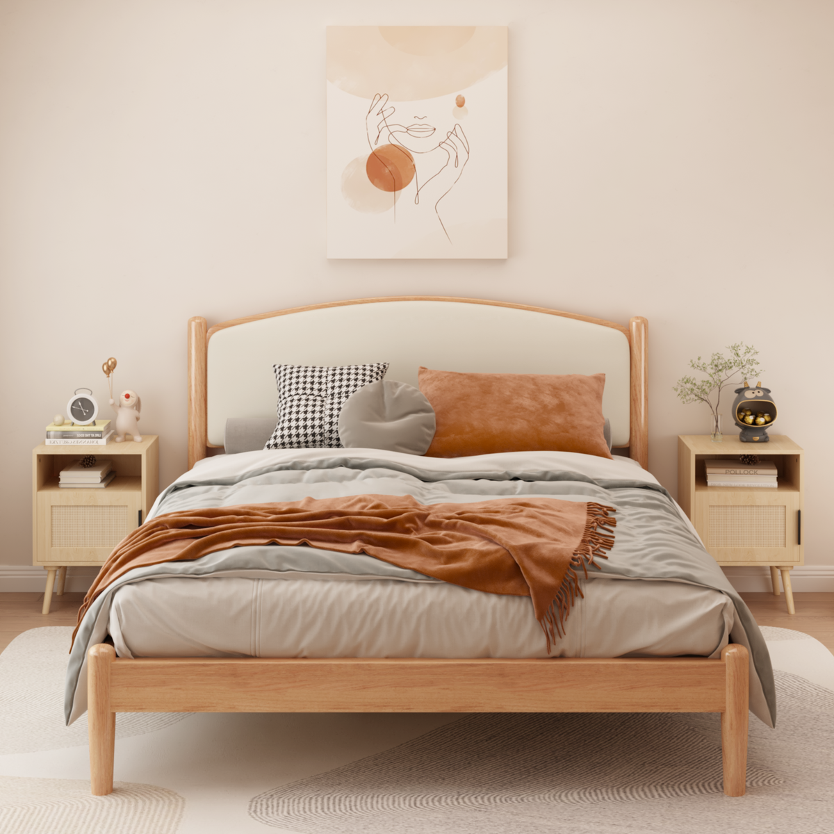 Bedroom with wooden bed, side tables, and decorative items.