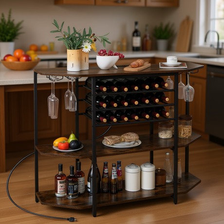 A dark wood and black metal kitchen cart with multiple shelves, wine bottle racks, hanging wine glasses, and storage jars, shown in a real kitchen environment.
