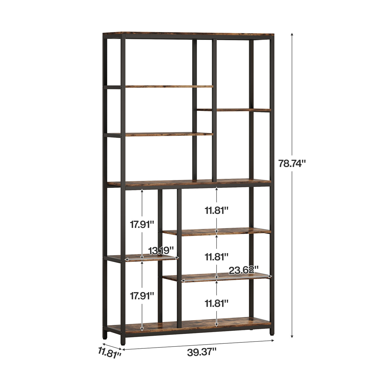 Industrial-style shelving unit with dark metal frame and rustic brown wood shelves, shown with dimension callouts and height/width measurements on a white background.