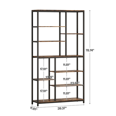 Industrial-style shelving unit with dark metal frame and rustic brown wood shelves, shown with dimension callouts and height/width measurements on a white background.