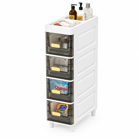 A white plastic 5-drawer storage organizer with four clear drawers and a top tray, shown on a clean white background. The drawers have yellow handles, and various toiletries are stored inside and on top.