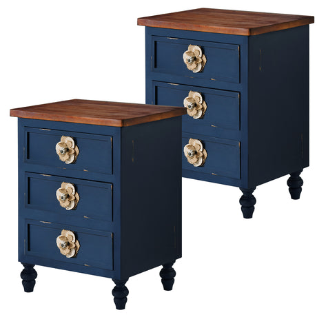 Two blue nightstands with wooden tops on a white background