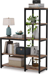 Wooden shelf with books, a lamp, and decorative items on a white background