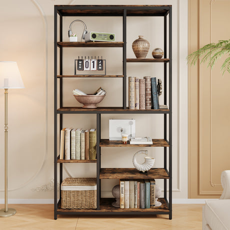 A tall black metal and rustic brown wood bookcase shelf styled with books, vases, a lamp, and decor in a warm beige room.