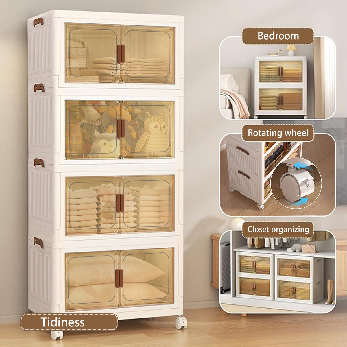 A tall white plastic storage cabinet with four glass-front doors and brown handles, shown in a bedroom setting. The image includes callout panels demonstrating features such as the rotating wheel and closet organizing, with text labels 'Bedroom', 'Rotating wheel', and 'Closet organizing'.