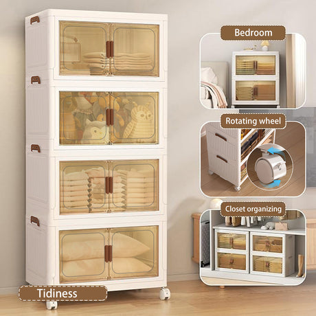A tall white plastic storage cabinet with four glass-front doors and brown handles, shown in a bedroom setting. The image includes callout panels demonstrating features such as the rotating wheel and closet organizing, with text labels 'Bedroom', 'Rotating wheel', and 'Closet organizing'.