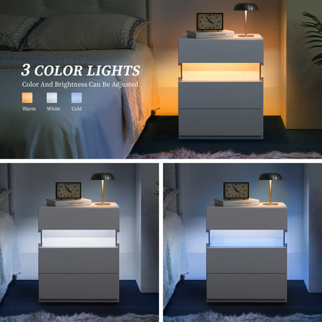 Gray nightstand with adjustable LED lights in a bedroom setting