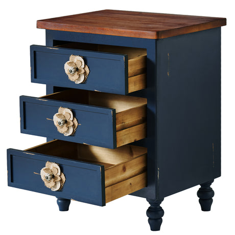 Wooden nightstand with blue painted body and natural wood drawers on a white background