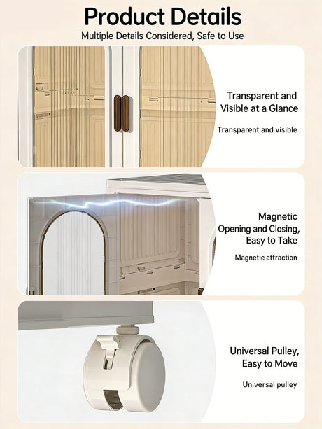 Product details infographic showing three features of a transparent and visible magnetic cabinet door handle: transparent and visible at a glance, magnetic attraction for opening and closing, and a universal pulley for easy movement.