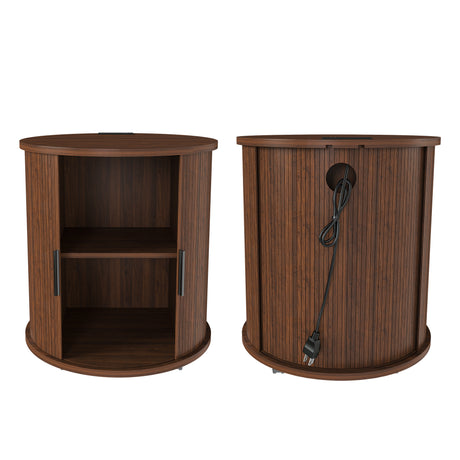 Walnut-Effect Round Nightstand with Charging Station