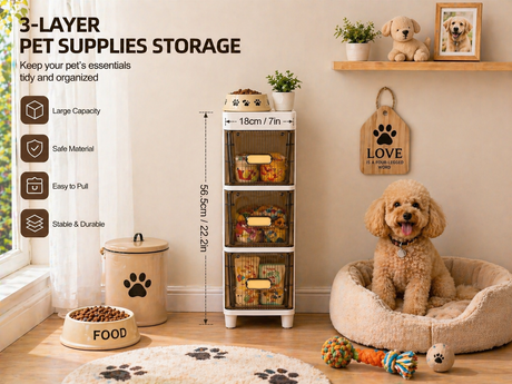 A 3-layer pet supplies storage organizer shown in a styled room with a dog sitting in a pet bed. The organizer has clear front panels and beige handles, with a beige storage canister and a pet food bowl nearby.