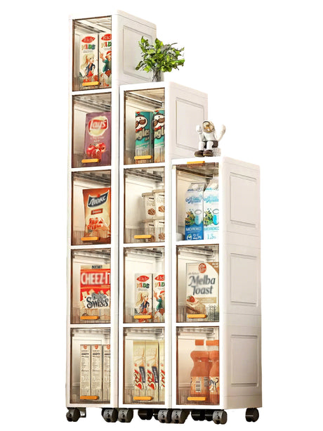A tall white rolling storage cabinet with multiple glass-front shelves displaying assorted snack boxes, cereal packages, and bottles, plus a small potted plant and figurine on top, isolated on a white background.