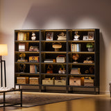 Large dark wooden bookshelf filled with decorative items in a room setting.