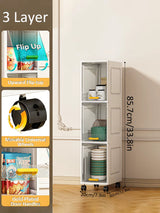 Portable storage cabinet with movable wheels and flip-up door, shown with dimensions.