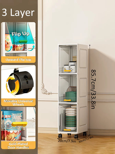 Portable storage cabinet with movable wheels and flip-up door, shown with dimensions.