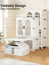 White foldable rolling storage cabinet set with glass-front upper doors and drawer units, shown in a furnished room with text reading 'Foldable Design Easy Installation.'.