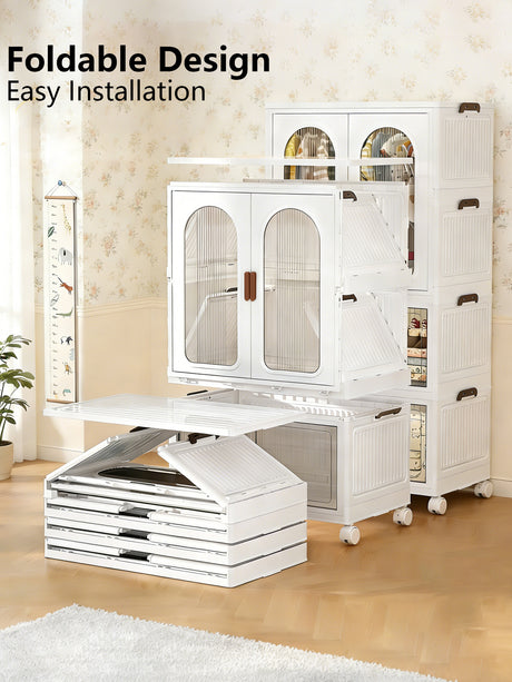White foldable rolling storage cabinet set with glass-front upper doors and drawer units, shown in a furnished room with text reading 'Foldable Design Easy Installation.'.