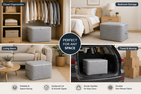 A four-panel collage showing a gray fabric storage bin used for closet organization, bedroom storage, living room storage, and travel/moving. The bin has a zip-top closure and is shown in different home and utility settings.