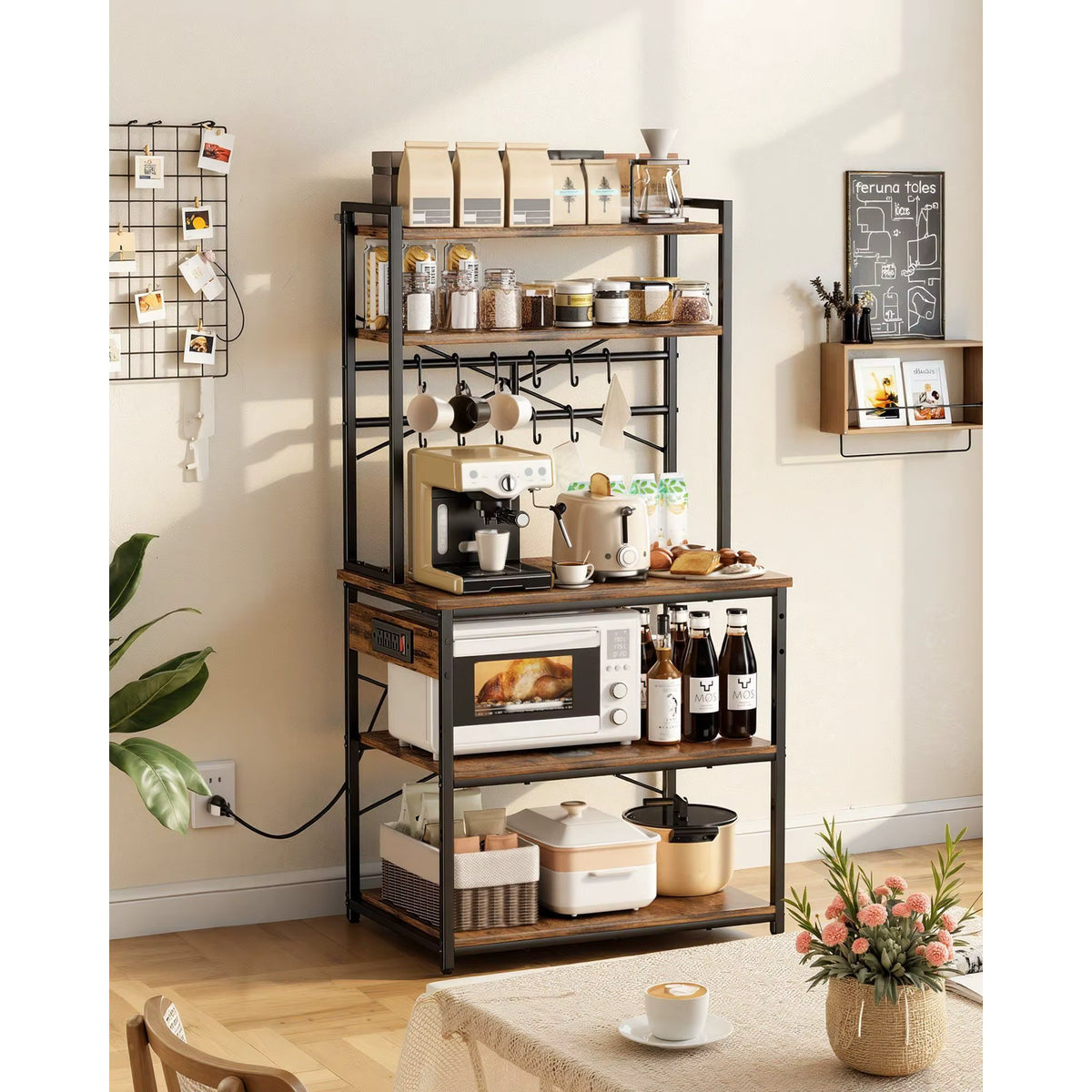 Kitchen baker's rack with adjustable shelves, built-in power outlet and appliance storage