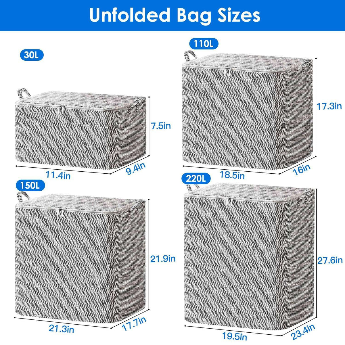 Four gray storage bags of different sizes with measurements on a white background