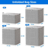 Four gray storage bags of different sizes with measurements on a white background