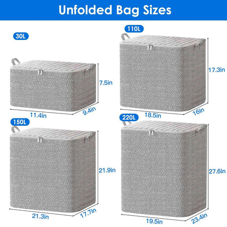 Four gray storage bags of different sizes with measurements on a white background