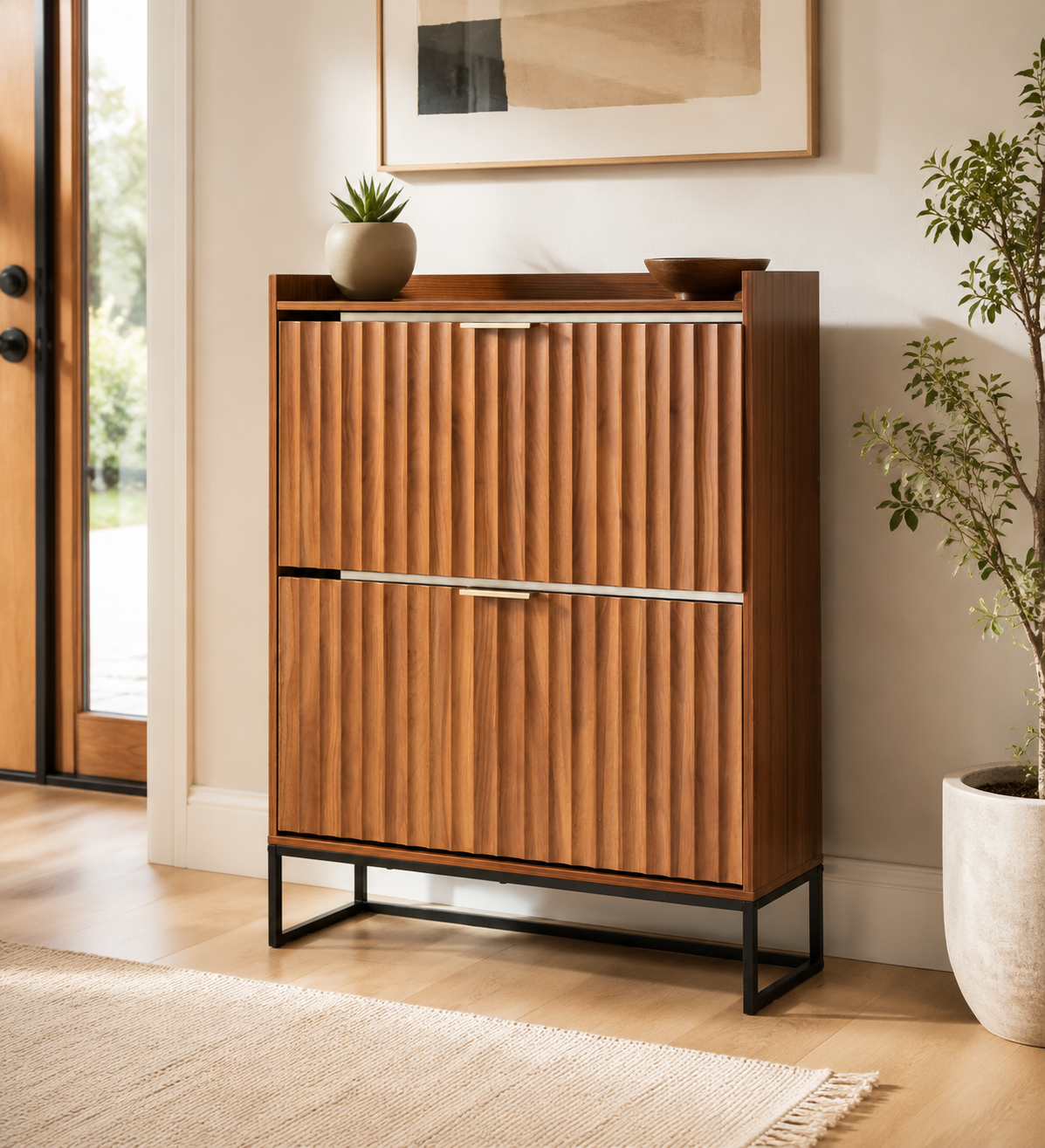 Mid-century walnut shoe cabinet with two fluted flip drawers and raised metal legs