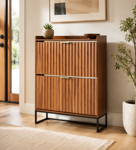 Mid-century walnut shoe cabinet with two fluted flip drawers and raised metal legs