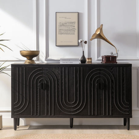 Modern black sideboard with four textured doors and tapered solid wood feet