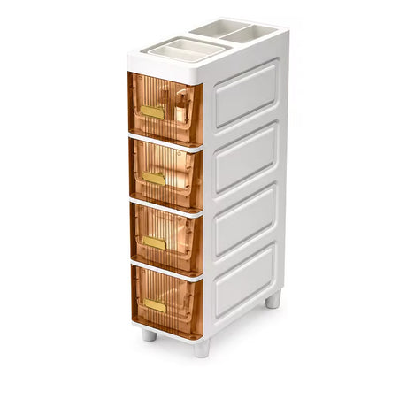 A tall white plastic organizer cabinet with four transparent amber-brown drawers and two white top compartments, shown on a clean white background.