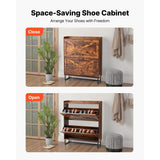 Wooden space-saving shoe cabinet shown in closed and open positions with text 'Space-Saving Shoe Cabinet' and 'Arrange Your Shoes with Freedom'.
