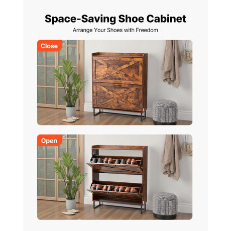 Wooden space-saving shoe cabinet shown in closed and open positions with text 'Space-Saving Shoe Cabinet' and 'Arrange Your Shoes with Freedom'.