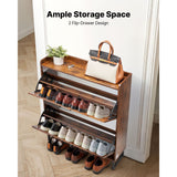 Wooden shoe rack with shoes and a handbag on a light wooden floor.