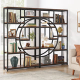 Decorative bookshelf with circular design in a living room setting