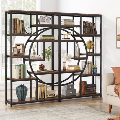 Decorative bookshelf with circular design in a living room setting