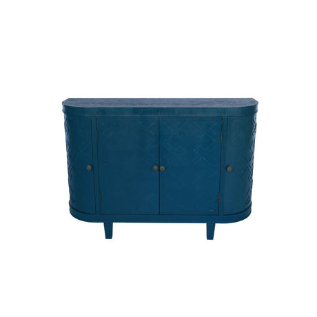 A blue carved wooden sideboard cabinet with two doors, small brass knobs, and short legs, shown against a plain white background.