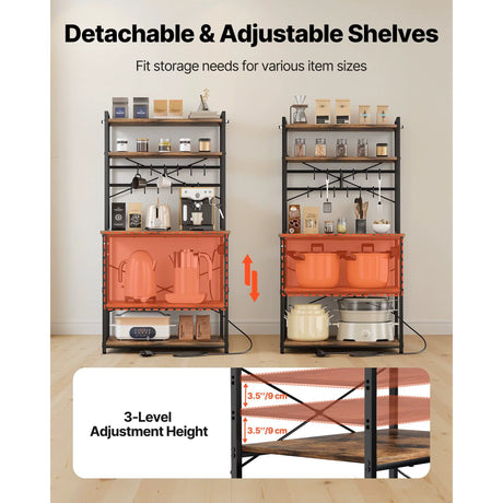 A 3-level detachable and adjustable kitchen shelving unit with a black metal frame, wood-look shelves, and orange storage bins. The image shows two configurations of the shelves filled with kitchen items, along with text highlighting adjustable 3-level height and a close-up inset of the shelf adjustment.