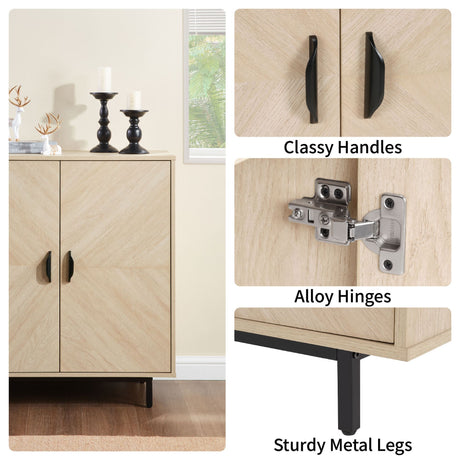 Collage of a wooden cabinet with classy handles, alloy hinges, and sturdy metal legs.