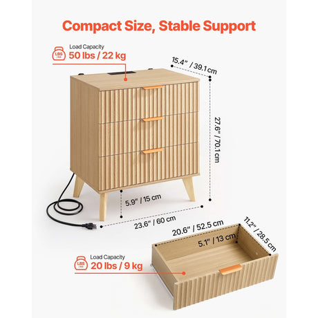 Wooden dresser with dimensions and load capacity indicators on a white background
