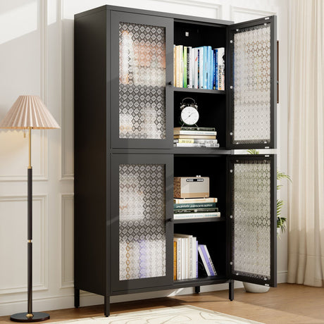 Black glass-fronted cabinet with decorative patterns in a room with a lamp and plant.